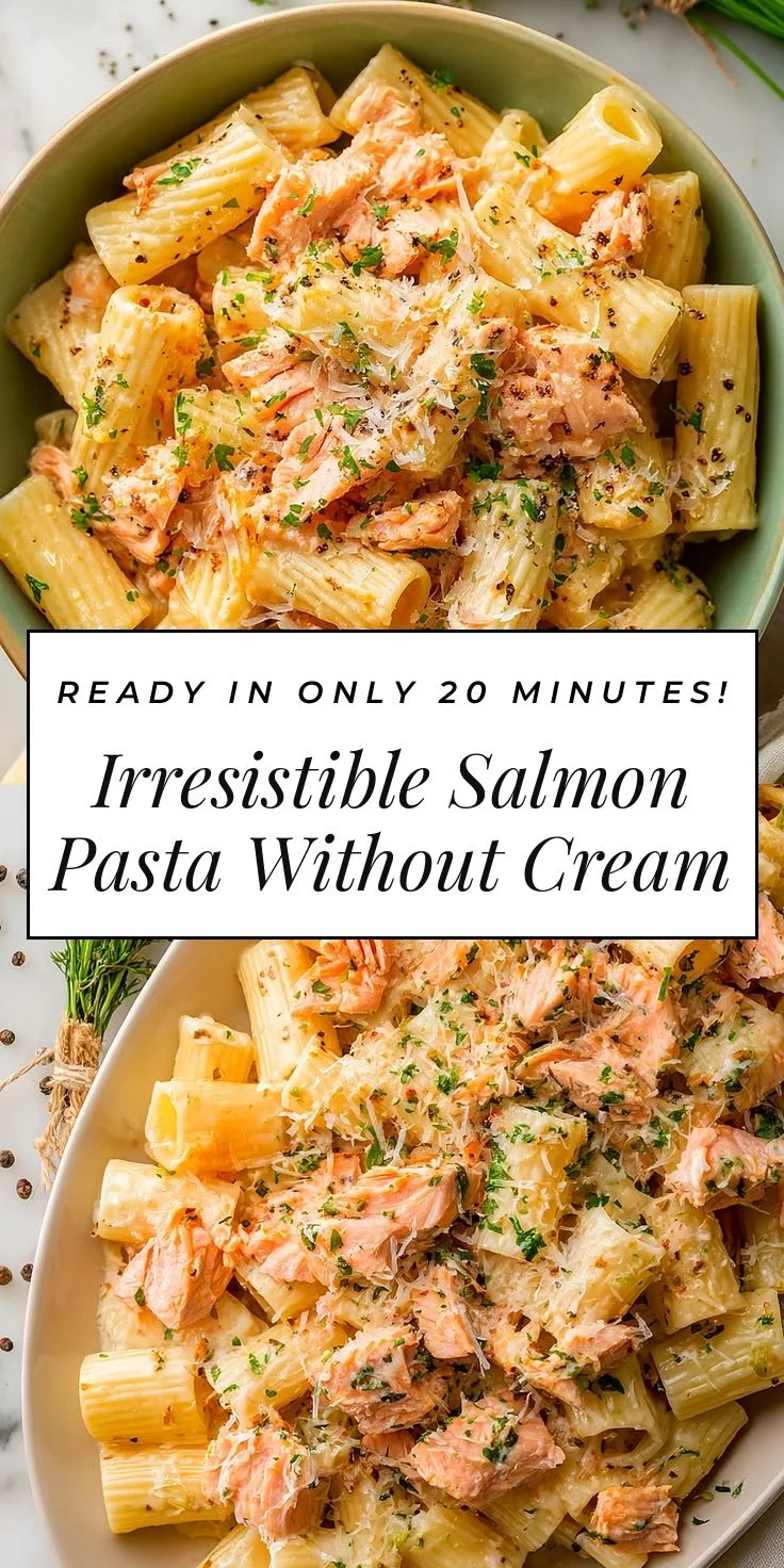 Plate of irresistible salmon pasta without cream garnished with herbs