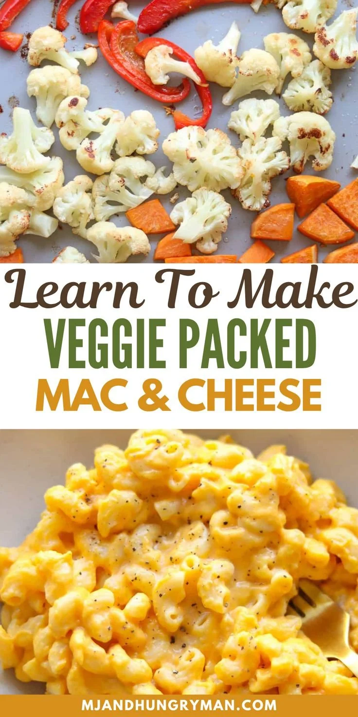 Bowl of veggie mac and cheese with colorful vegetables and creamy cheese sauce