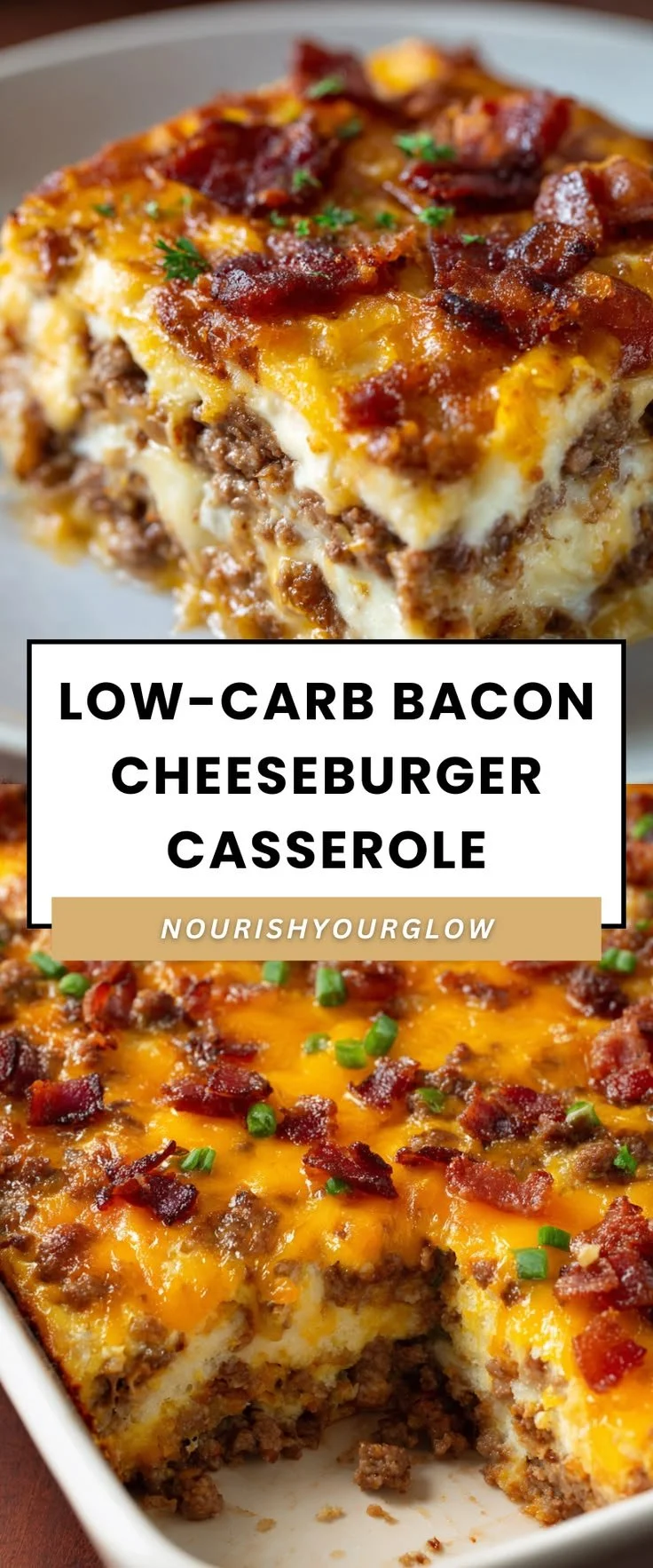 Low-carb bacon cheeseburger casserole served in a dish with toppings