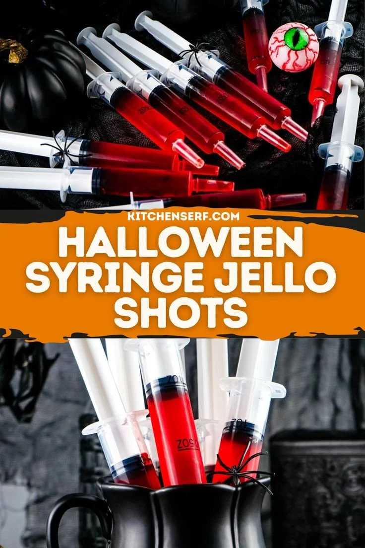 Colorful Halloween Jello shots in syringes, perfect for spooky parties.