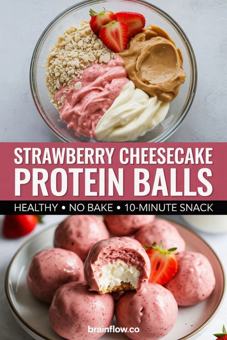 No-bake strawberry cheesecake protein balls on a plate