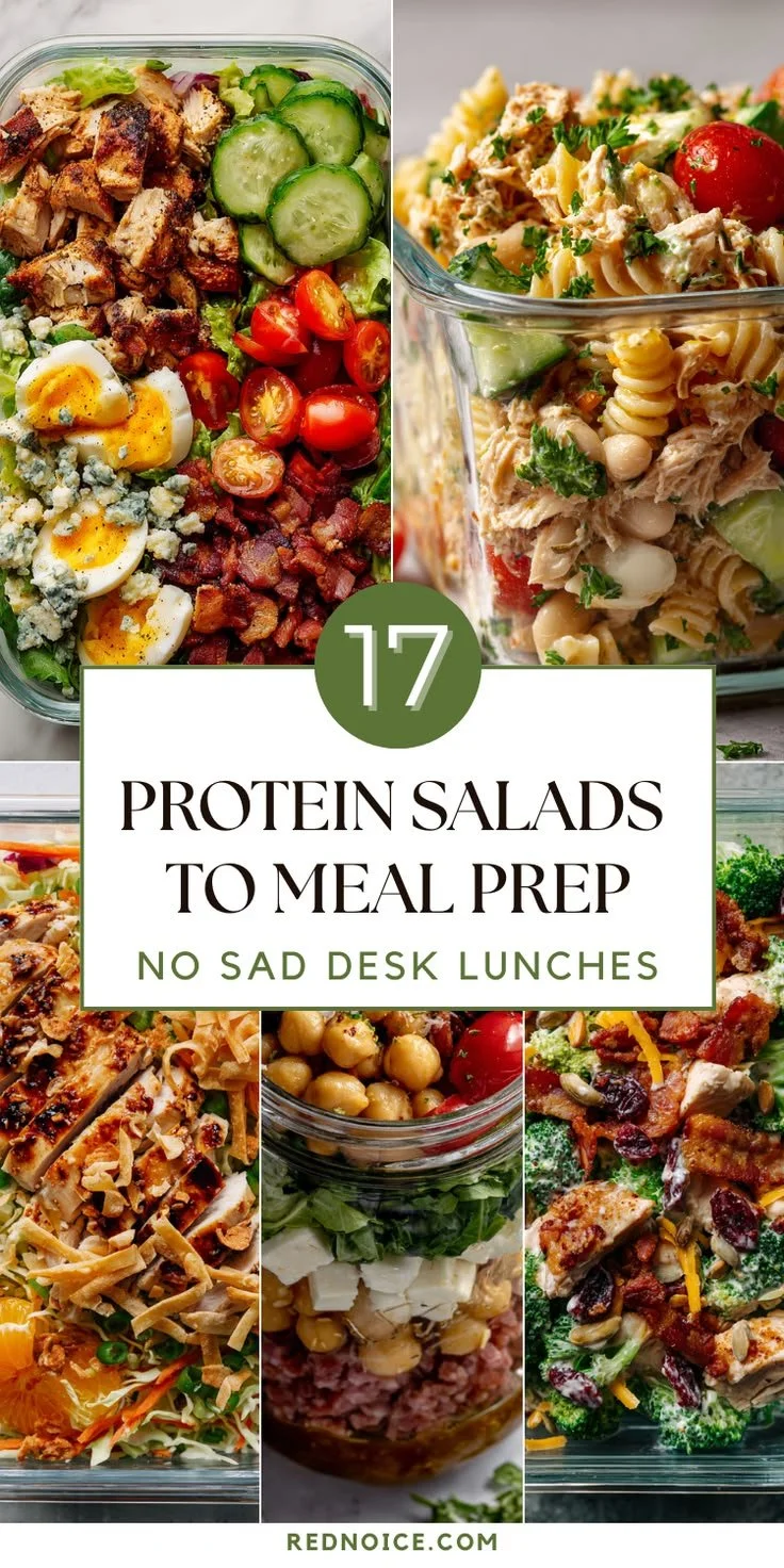 Colorful meal prep salads for healthy desk lunches.