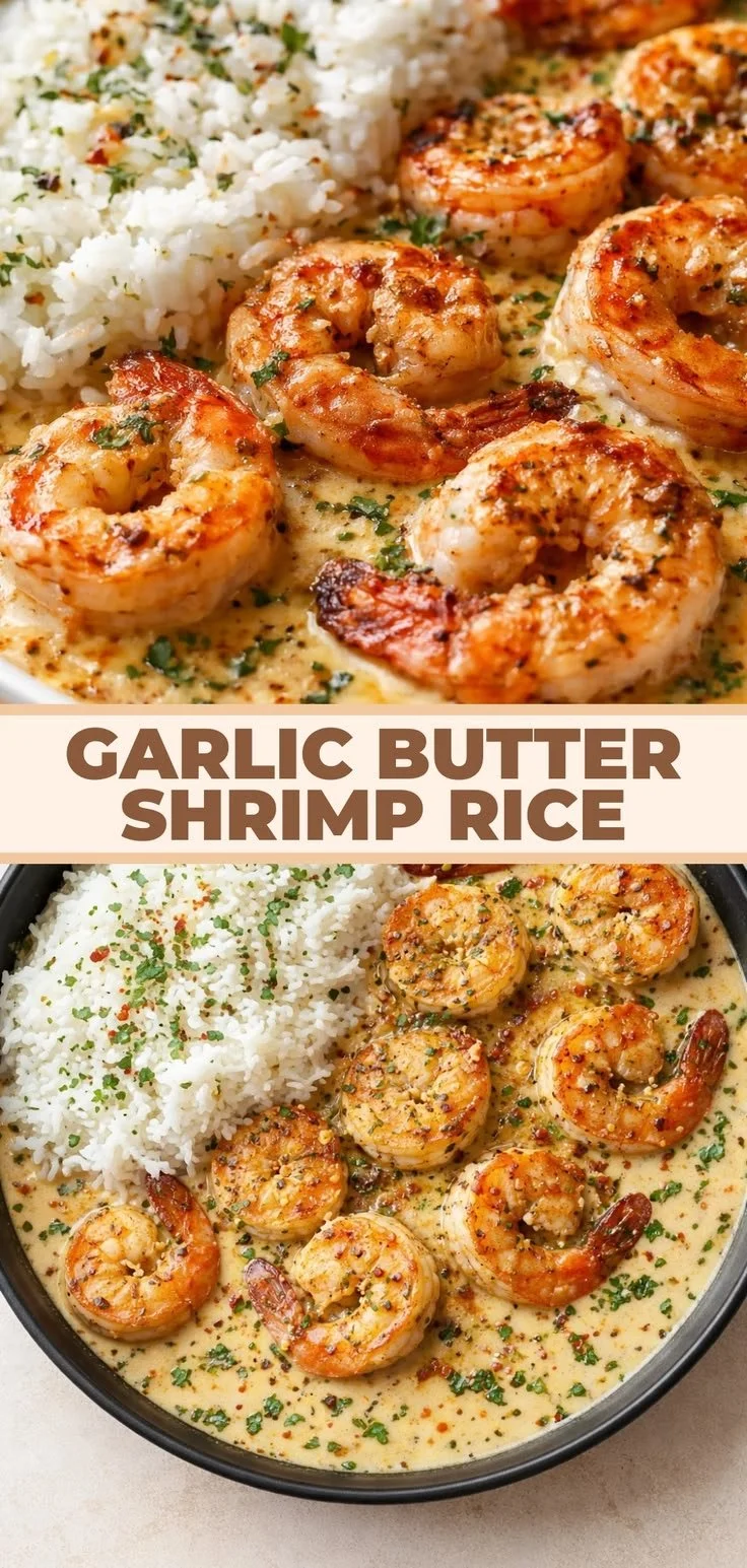 Creamy garlic butter shrimp served with rice in a one-pan dish