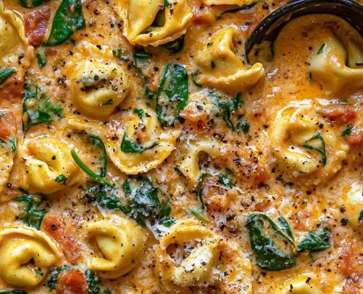 One Pot Creamy Spinach Tomato Tortellini dish prepared in 30 minutes
