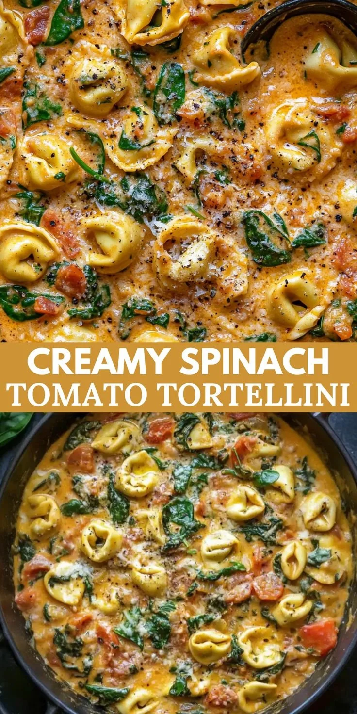 One Pot Creamy Spinach Tomato Tortellini cooked in a skillet with fresh ingredients.