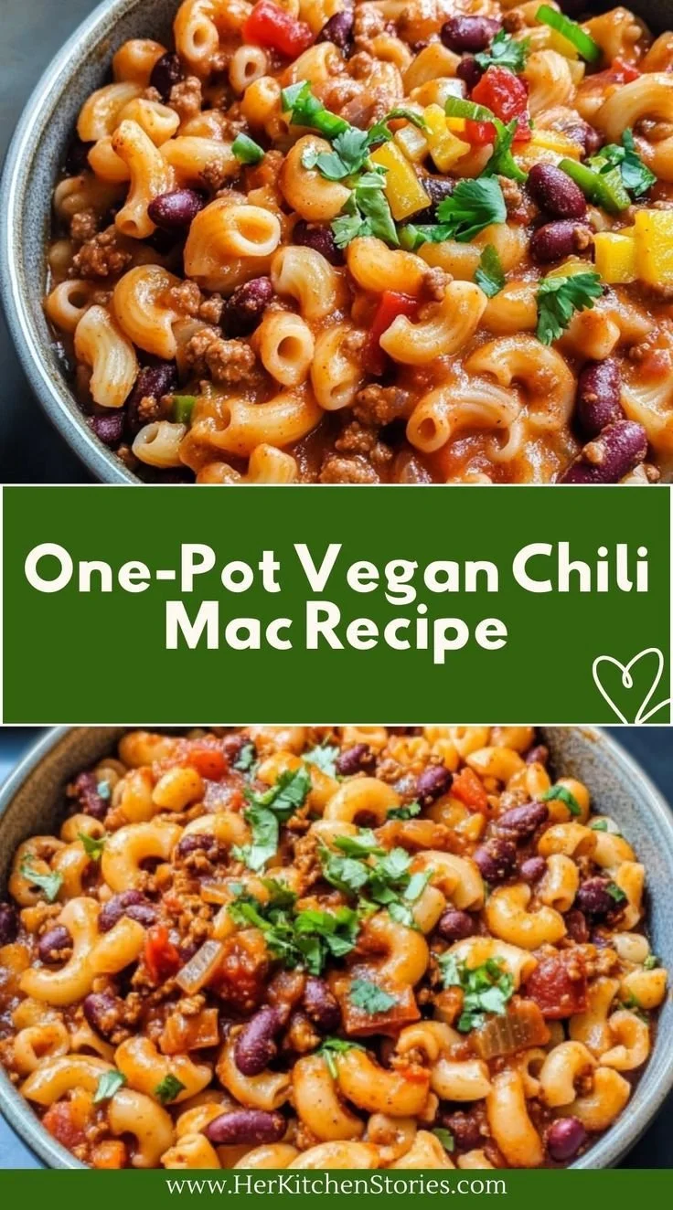 Delicious one-pot vegan chili mac served in a bowl, topped with herbs.