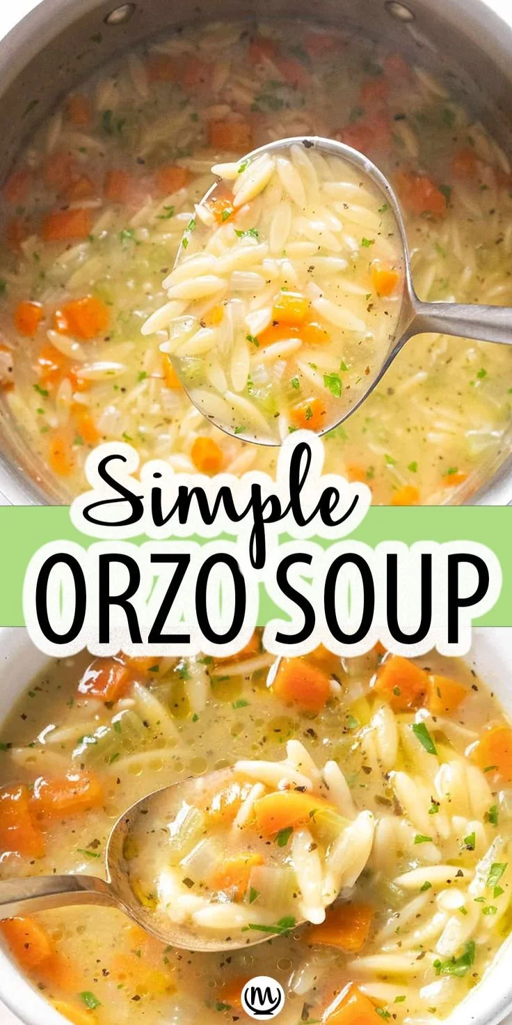 Bowl of hearty Orzo Soup with fresh vegetables and herbs