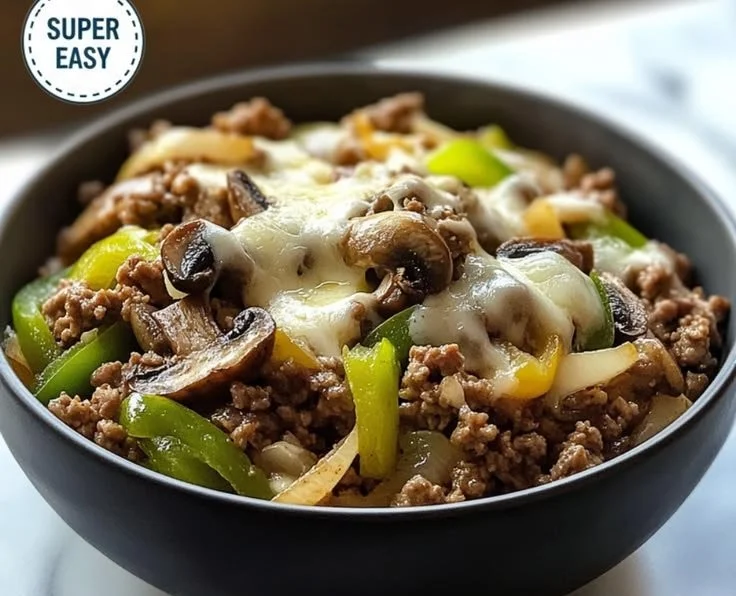 Philly Cheesesteak Bowls with toppings in a bowl, featuring high protein and low carb ingredients.