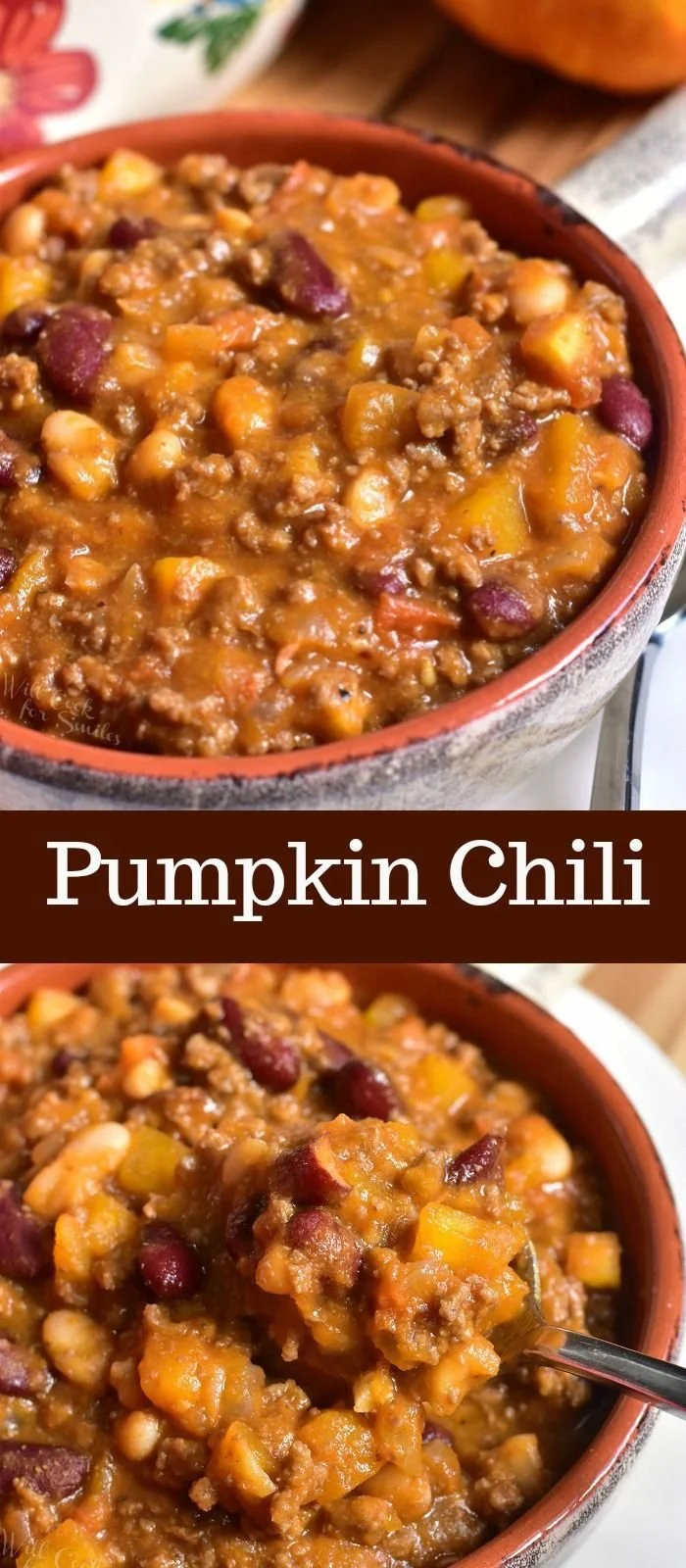 A bowl of delicious pumpkin chili topped with fresh herbs and spices
