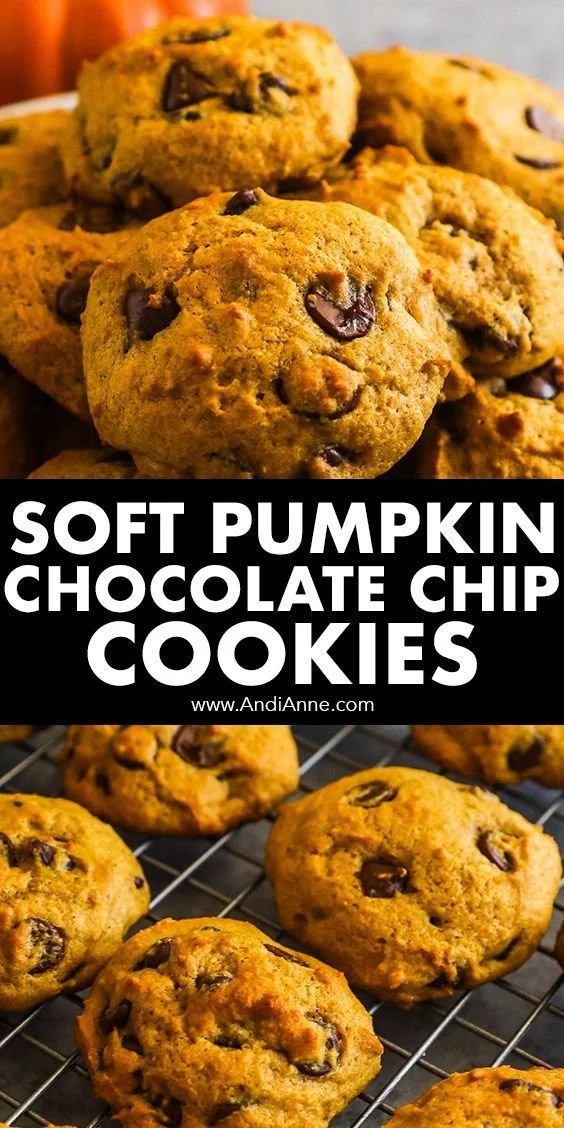 Pumpkin Chocolate Chip Cookies on a baking sheet with chocolate chips