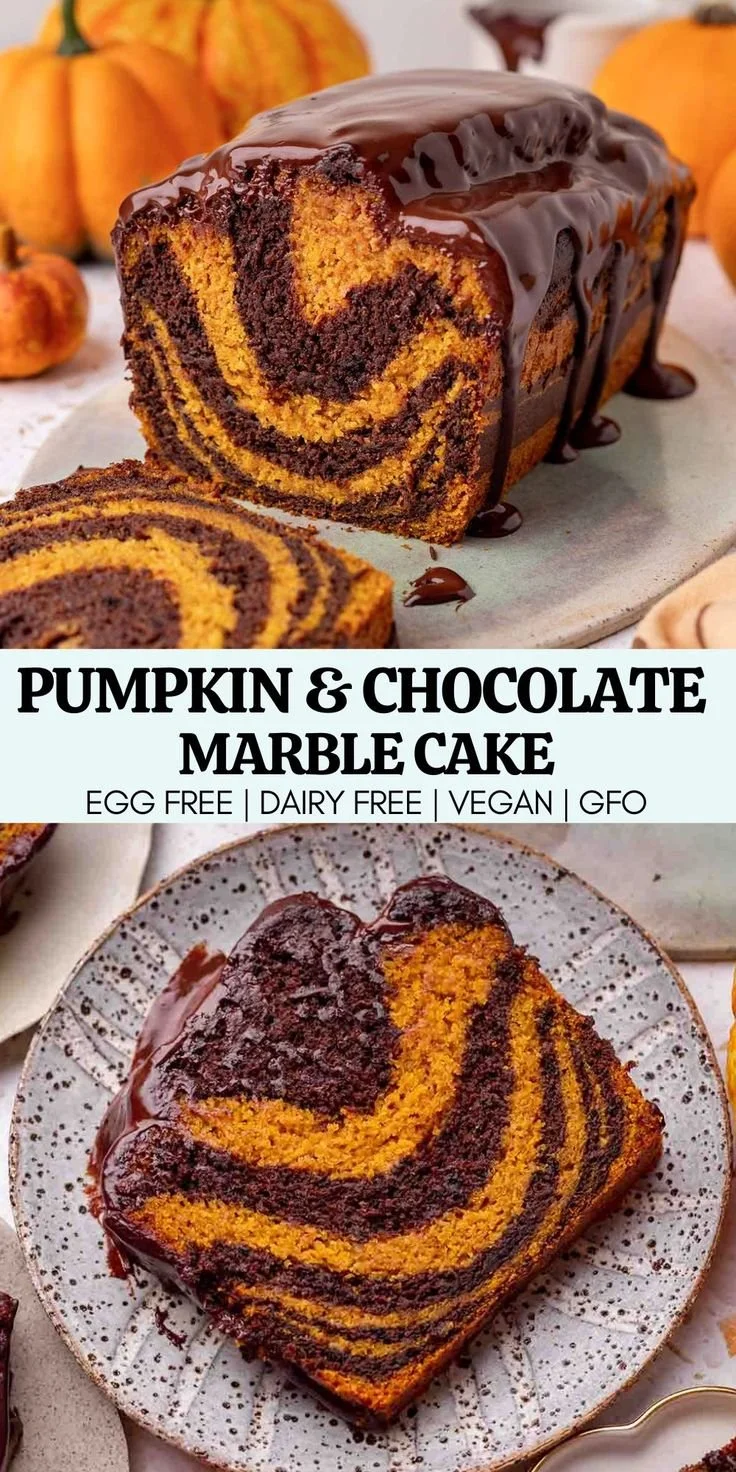 Vegan Pumpkin Marble Cake with swirls of pumpkin and chocolate