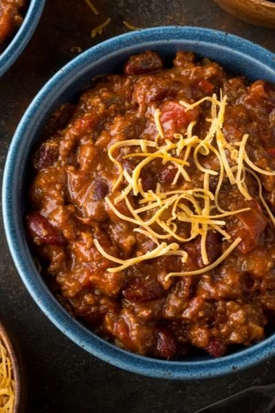 Bowl of thick McCormick chili made in an Instant Pot