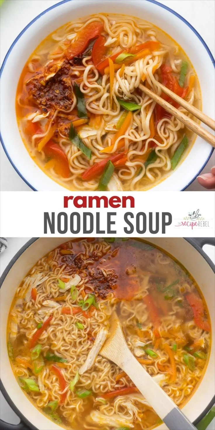 A steaming bowl of homemade Ramen Noodle Soup with fresh ingredients.