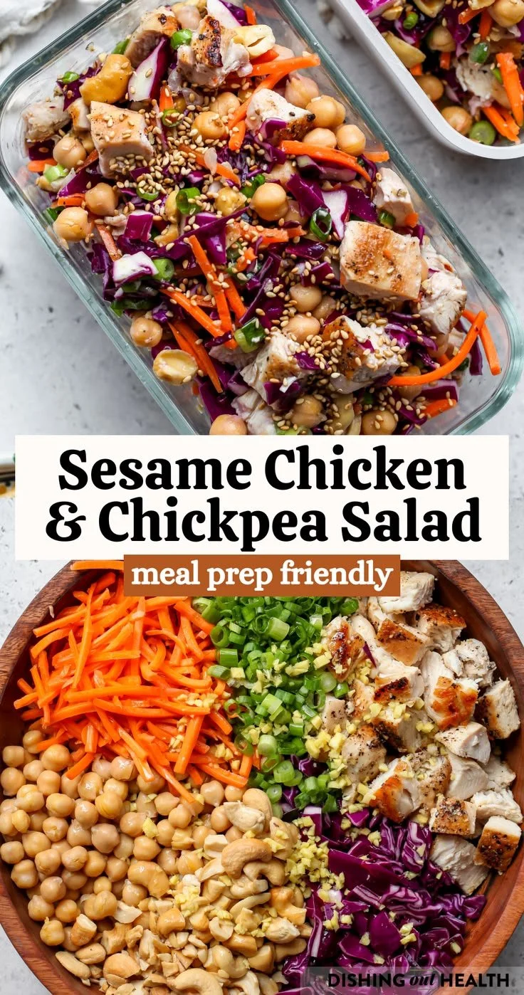 A vibrant bowl of Sesame Chicken and Chickpea Salad garnished with fresh vegetables.