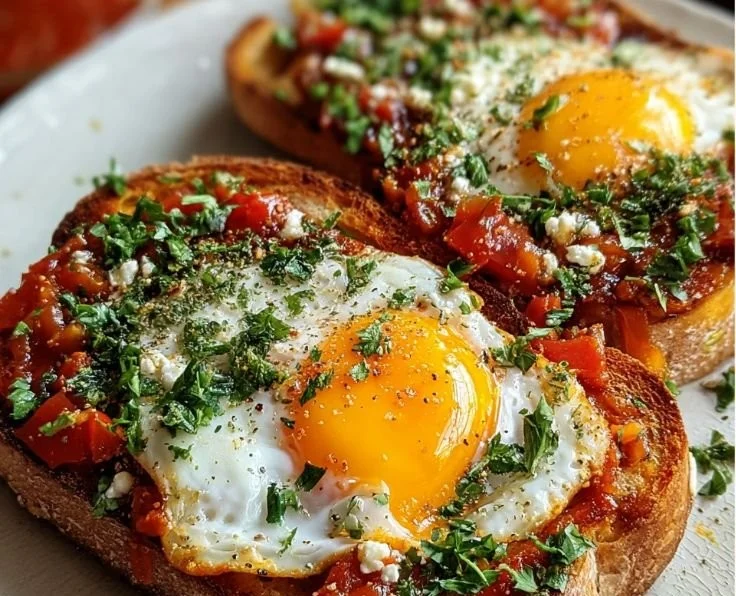 Delicious Shakshouka Toast topped with eggs and spices on rustic bread.