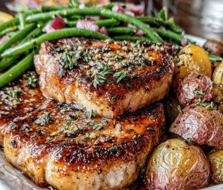 Lemon garlic pork chops cooked on a sheet pan with vegetables for dinner