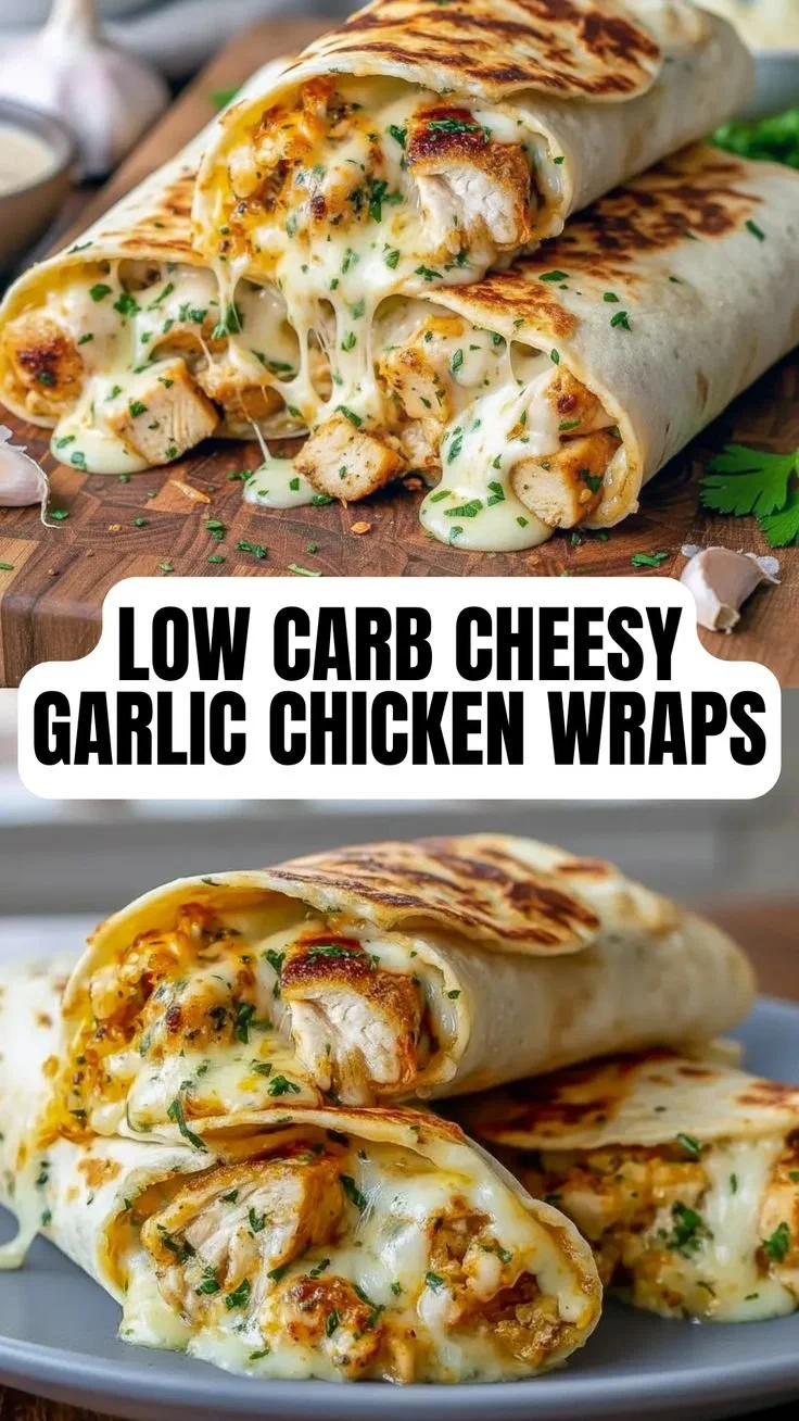 Low carb Cheesy Garlic Chicken wraps served on a plate with fresh herbs.