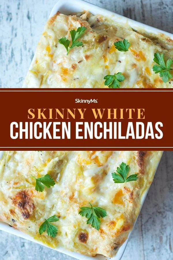 Delicious skinny white chicken enchiladas garnished with herbs