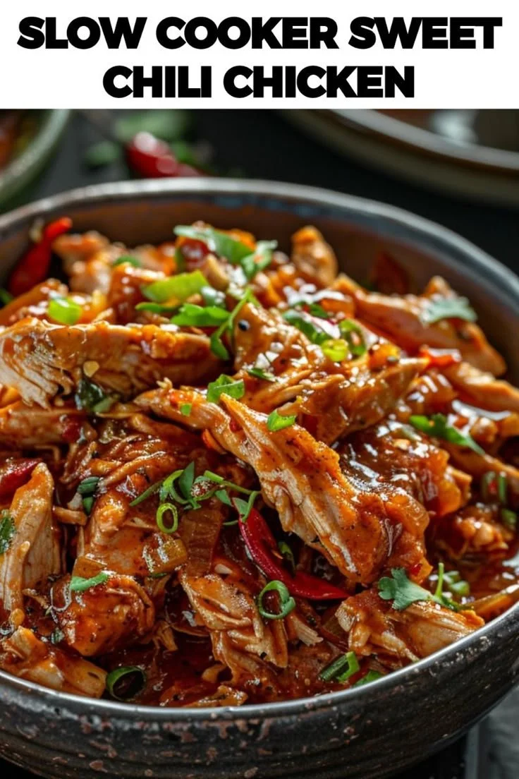 Slow cooker sweet chili chicken dish garnished with green onions.