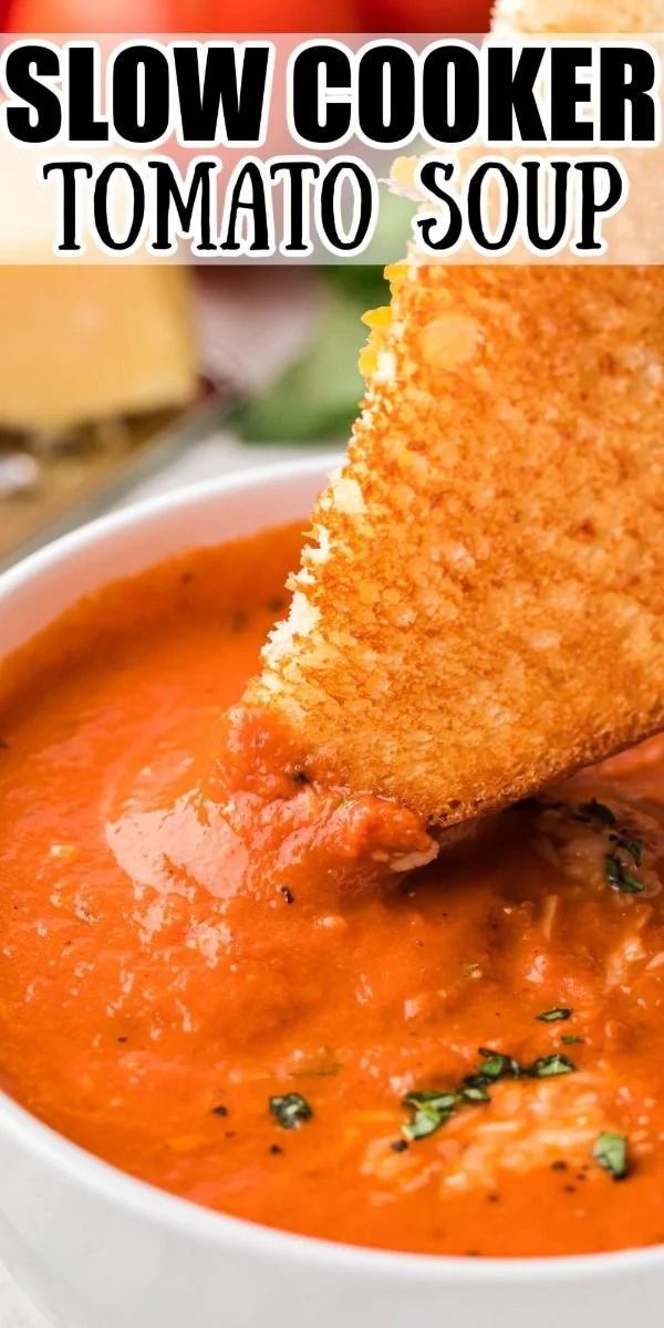 Delicious slow cooker tomato soup served in a bowl with fresh herbs