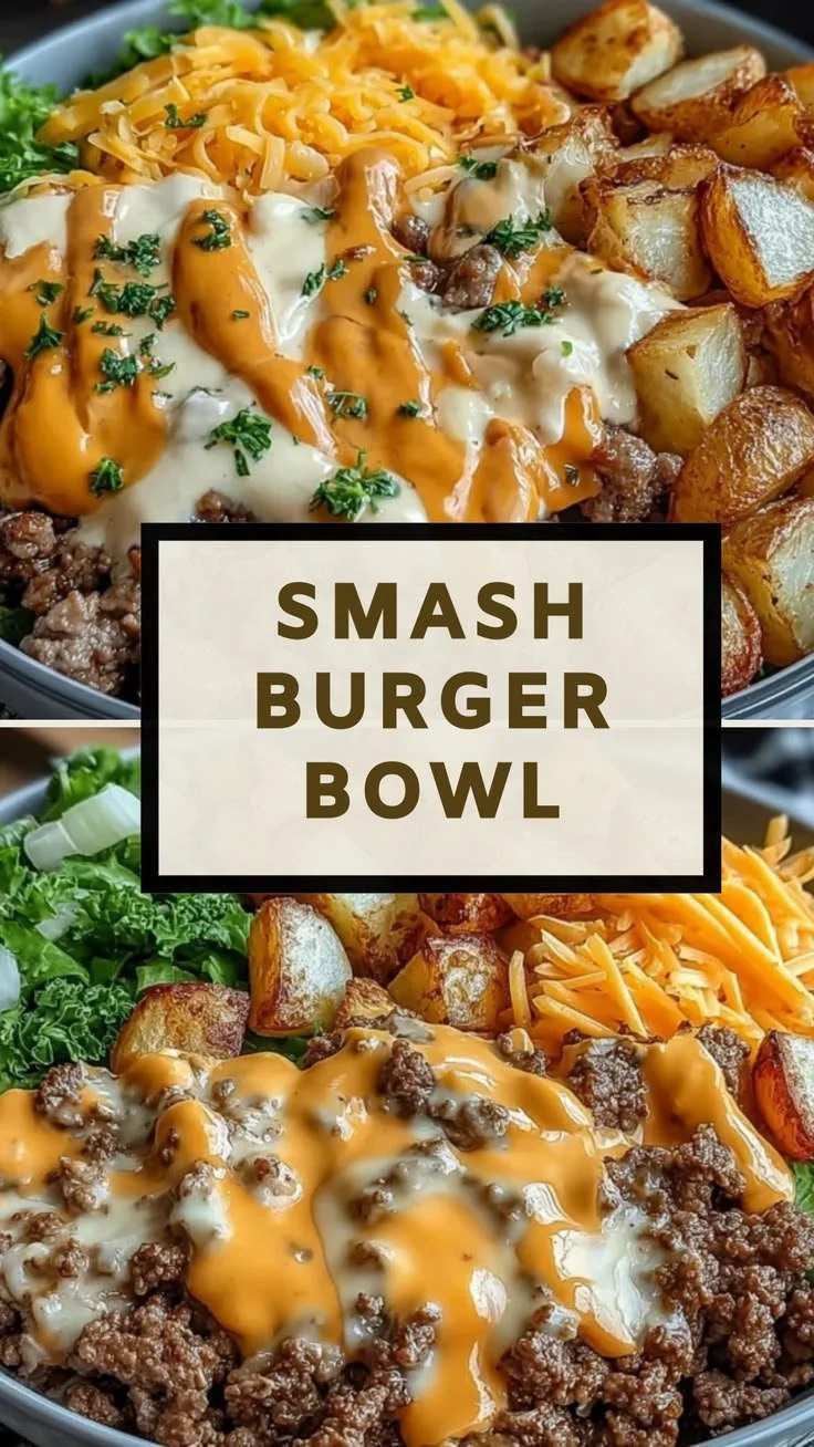 Delicious smash burger bowl with toppings served in a stylish bowl