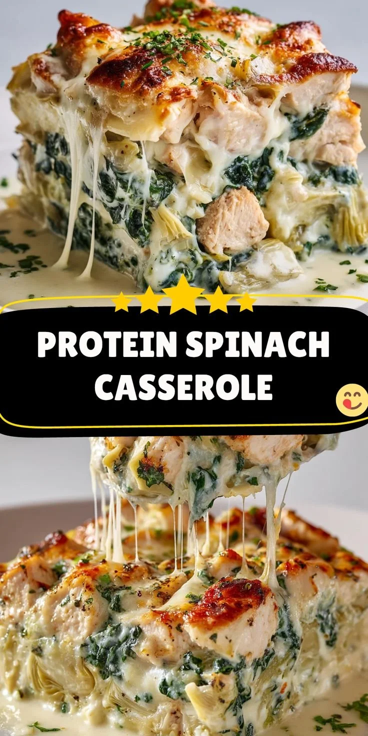 Protein-packed Spinach Artichoke Chicken Casserole topped with cheese.