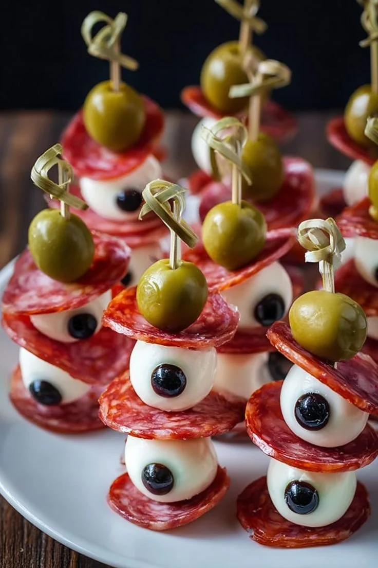 Creepy eyeball bites Halloween appetizer skewers for parties