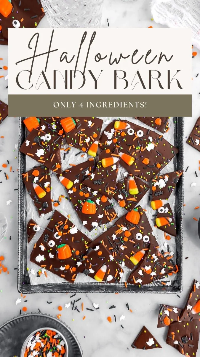 Spooky Halloween dark chocolate candy bark topped with colorful sprinkles