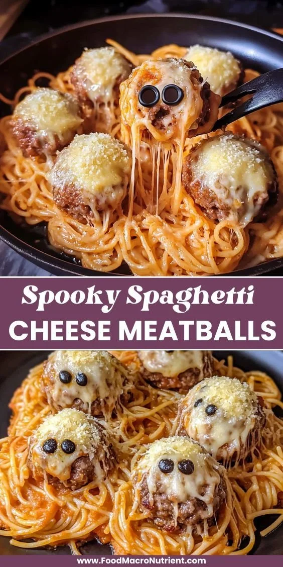 Spooky spaghetti with cheesy monster meatballs, perfect for Halloween dinner