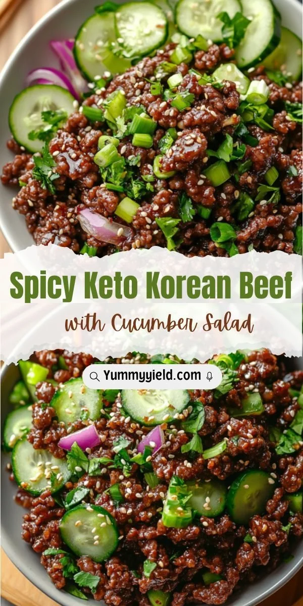 Plate of spicy Keto Korean Ground Beef with vegetables and garnishes.