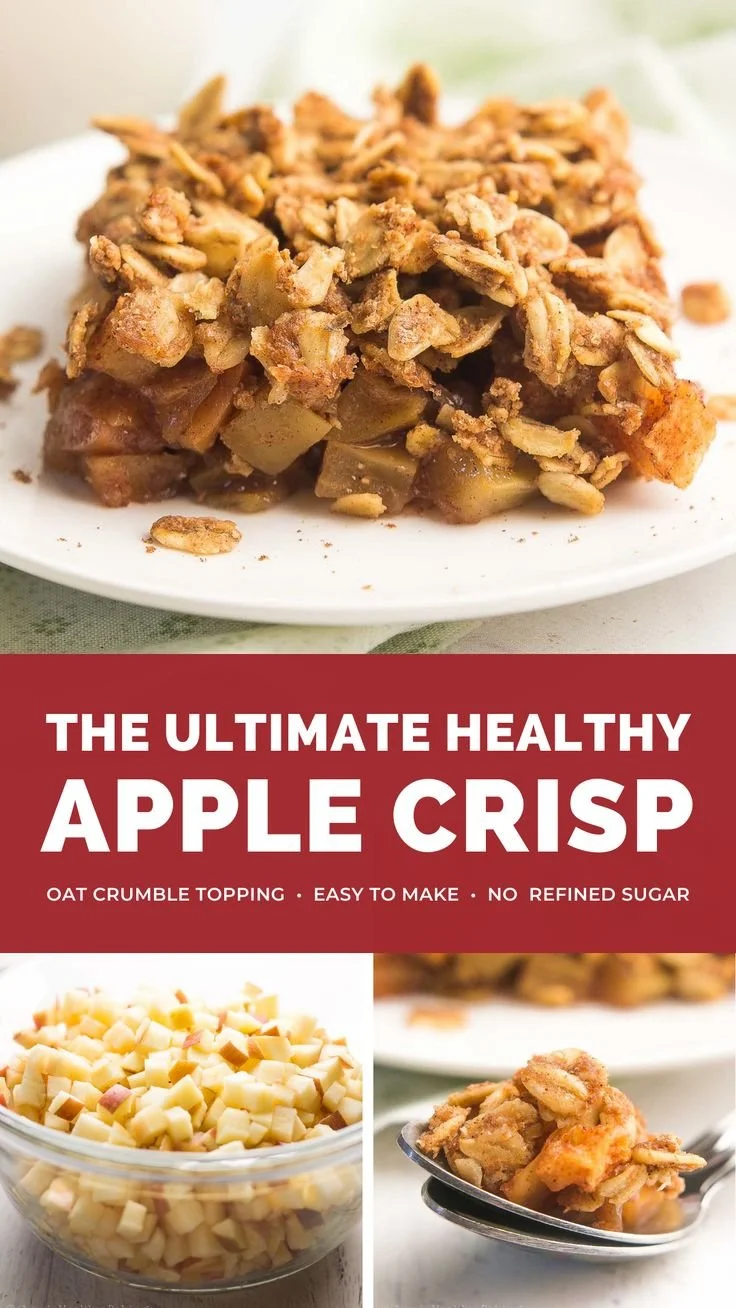 Healthy apple crisp with oat crumble topping in a baking dish