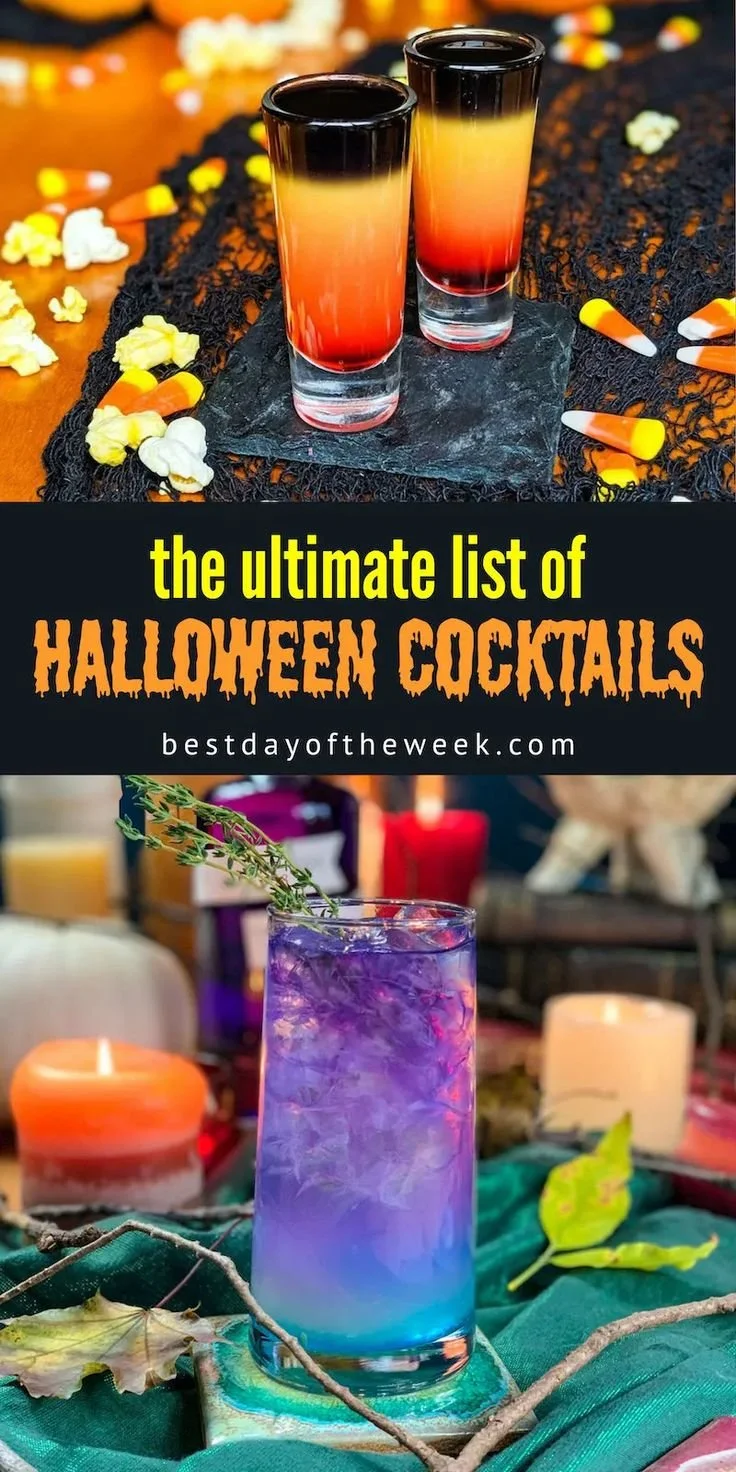A collection of spooky Halloween cocktails and shots in decorative glasses.