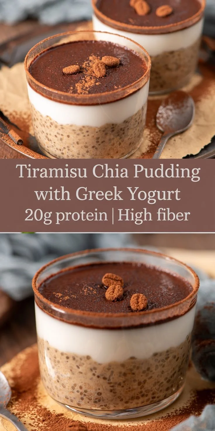 Delicious tiramisu chia pudding topped with Greek yogurt and cocoa powder