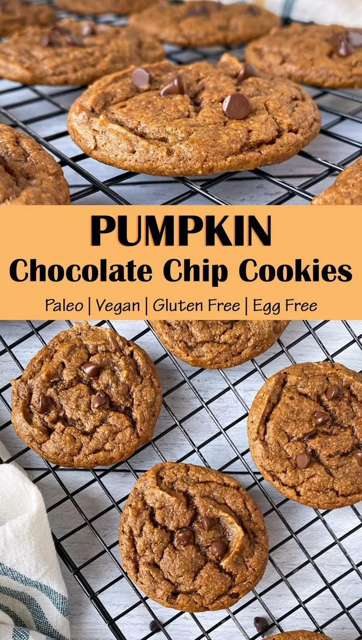 Vegan pumpkin chocolate chip cookies on a plate, gluten-free and Paleo-friendly
