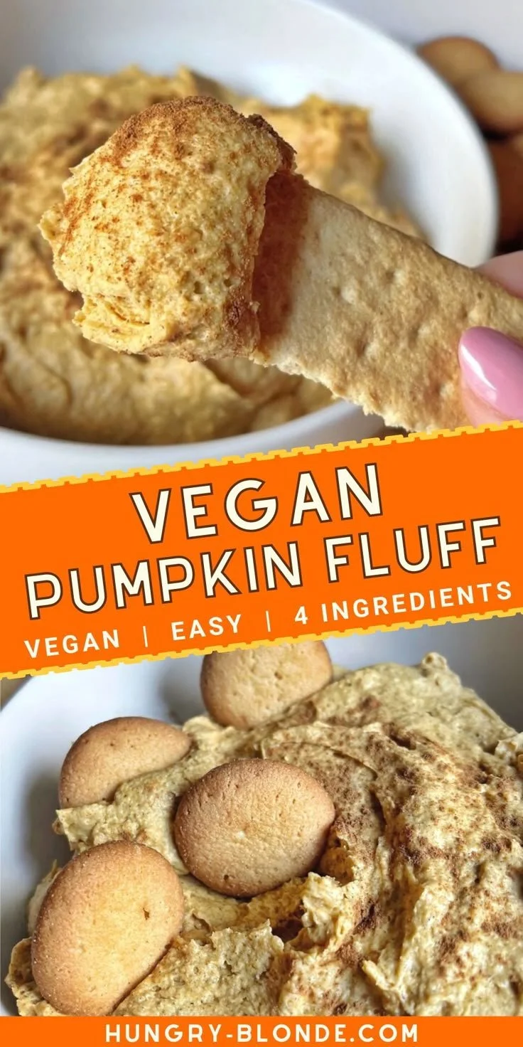 Vegan pumpkin fluff dip served in a bowl with fresh fruit and crackers