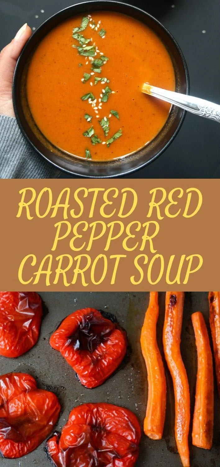 Vegan roasted carrot and red pepper soup served in a bowl