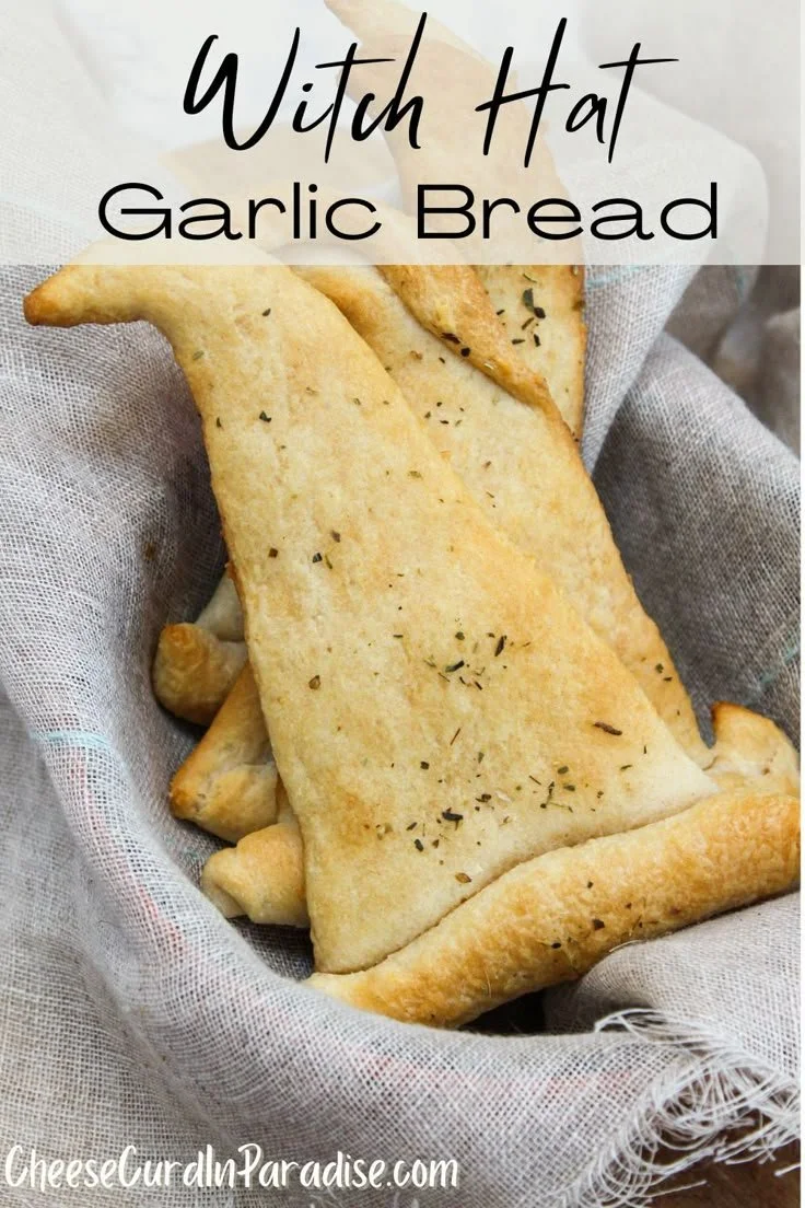Witch Hat Garlic Bread shaped like witches' hats, perfect for Halloween
